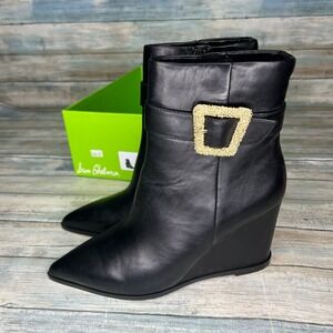 Sam Edelman Weslie Boots 6 Black Leather Wedge Heeled Almond Toe Buckle‎ Booties